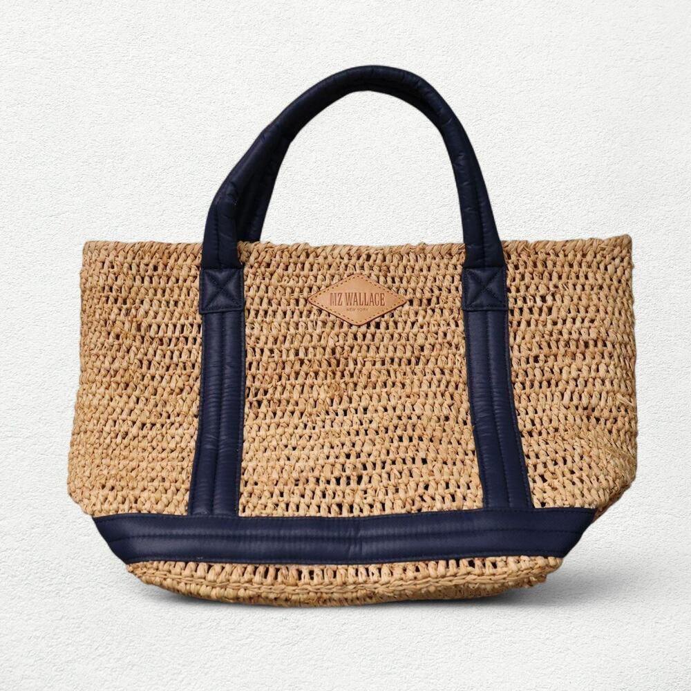 MZ Wallace Raffia Tote Bag in Natural & Navy | Tan & Blue Straw Bag